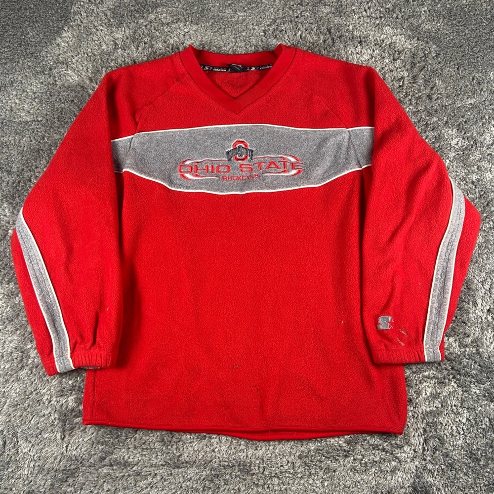 Vintage Starter Ohio State Buckeyes Pullover Mens L Red Fleece V-Neck Sweatshirt